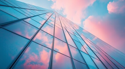 Fototapete - A mirror-glass building reflecting a sky filled with pink clouds