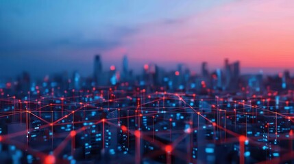 Poster - Futuristic Cityscape with Network Connections and Digital Nodes at Dusk, Technology and Innovation Concept