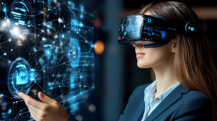 Poster - Virtual reality experience enhancing business strategies office environment digital content innovative technology professional perspective