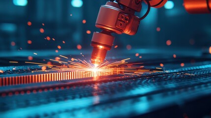 Poster - Industrial Robotic Arm Welding Metal with Sparks in Modern Factory Setting