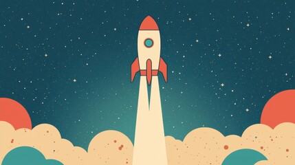 Poster - Retro Rocket Launching into a Starry Sky with Colorful Clouds and Cosmic Background