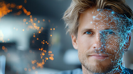 Poster - Innovative technology portrait modern office digital art futuristic environment close-up human-machine interaction