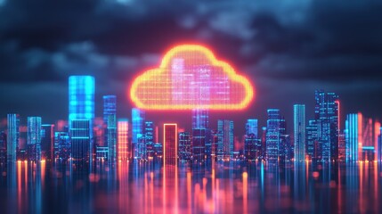 Poster - Futuristic City Skyline with Digital Cloud Symbol and Neon Lights Reflecting on Calm Water Surface