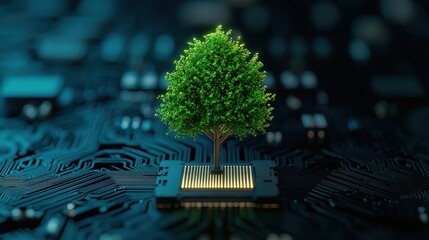 Poster - Green Tree Growing on Digital Circuit Board Representing Technology and Nature Harmony Future Environmental Concept