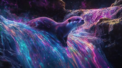Wall Mural - A fantasy otter is swimming in a brightly colored waterfall