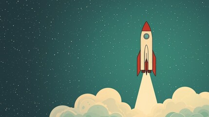 Poster - Vibrant Rocket Launching into Space with Starry Background and Colorful Clouds Below