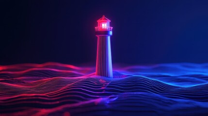 Poster - Digital Lighthouse in a Futuristic Ocean with Neon Waves and Vibrant Lighting Effects
