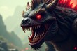© Teddy - Large monster's face with piercing red eyes, shaggy mane and jagged teeth, emphasizing its fierce appearance , fierce, creature