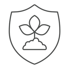 Fototapete - Plant with leaves on safety emblem thin line icon, eco tourism concept. Vector graphics. Protection shield with leaf plant sign on white background, outline style icon for mobile or web design.