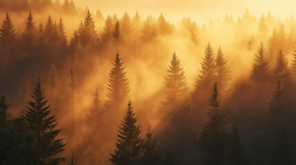 Poster - A misty pine forest at dawn, with golden light filtering through