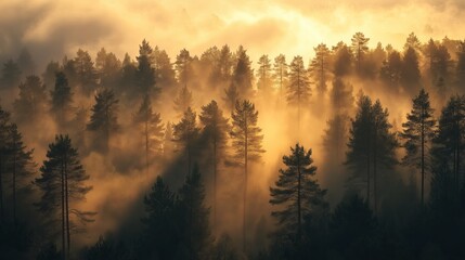 Poster - A misty pine forest at dawn, with golden light filtering through