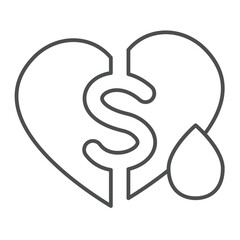 Poster - Dollar on heart and drop of blood thin line icon, charity concept. Vector graphics. Blood donation sign on white background, outline style icon for mobile or web design.