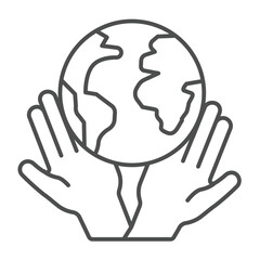 Poster - Planet earth in human palm hands thin line icon, charity concept. Vector graphics. World globe with hands sign on white background, outline style icon for mobile or web design.