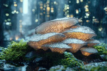 Poster - Glowing mushrooms cluster in a rain-soaked forest, illuminated by soft, magical light.