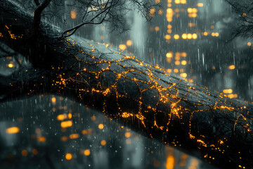 Poster - Rain falls on glowing tree roots in a dark, urban setting, creating a magical, bioluminescent scene.