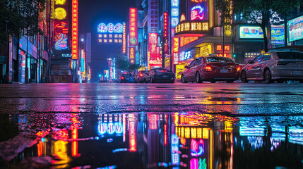 Poster - A night street with reflections of bright neon signs in puddles