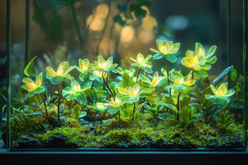 Aufkleber - Glowing green flowers in a terrarium, illuminated from within, creating a magical, enchanting scene.