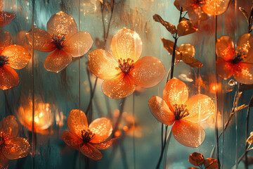 Aufkleber - Glowing orange flowers behind glass, sparkling with light, creating a dreamy, ethereal atmosphere.