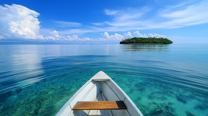 Poster - A rowboat floating in a vast, glassy sea with a distant island in view