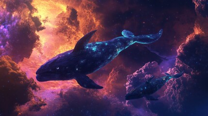 Wall Mural - Two glowing whales swimming gracefully in a vibrant colored cosmos