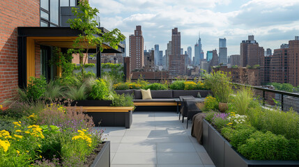 Poster - A serene rooftop garden overlooking a bustling metropolis