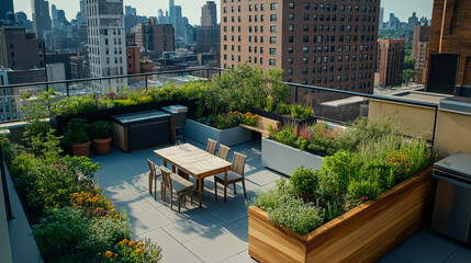 Fototapete - A serene rooftop garden overlooking a bustling metropolis