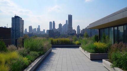 Poster - A serene rooftop garden overlooking a bustling metropolis