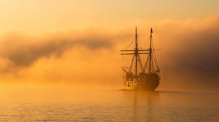 Poster - A ship sailing through golden mist at dawn, leaving a dreamy wake
