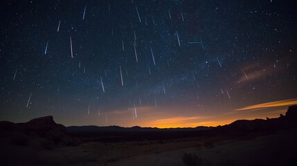 Poster - A sky filled with shooting stars over a serene desert landscape