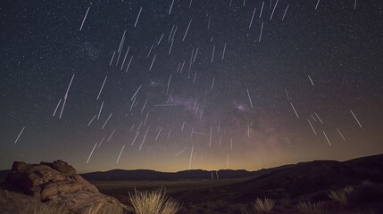 Poster - A sky filled with shooting stars over a serene desert landscape