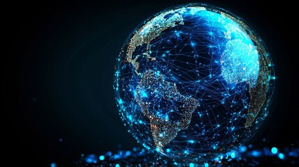Poster - The planet earth is depicted as an abstract polygonal form accompanied by a hologram on a dark blue background