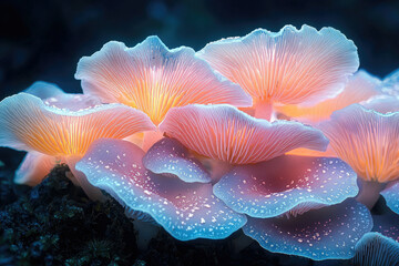 Aufkleber - Delicate cluster of bioluminescent mushrooms glowing with ethereal light, showcasing intricate gills and water droplets.