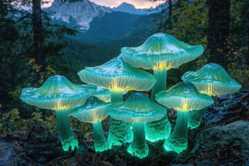Poster - Glowing teal mushrooms illuminate a dark forest at dusk, set against a majestic mountain backdrop.