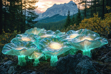 Poster - Glowing bioluminescent mushrooms illuminate a serene mountain forest at sunset.