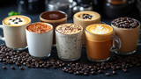 coffee drinks, in white mugs on a black background. 