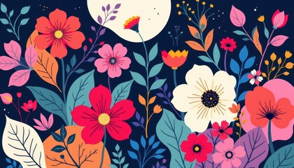 Poster - Abstract Botanical Bliss Illustrate stylized flowers and leaves in bold colors and shapes, layered with contrasting backgrounds and fun patterns.