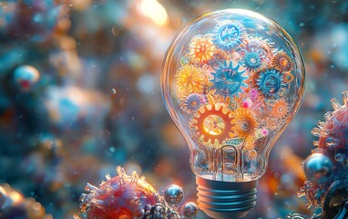 Aufkleber - Light bulb filled with vivid, multicolored gears, representing innovation and creativity, glowing softly against a dreamy, orbfilled background