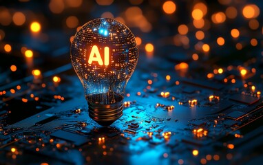 Poster - Light bulb with embedded microchip and the text AI glowing, representing the power of artificial intelligence on a vibrant blue background