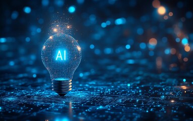 Leinwandbilder - Light bulb with microchip and the text AI glowing brightly, representing artificial intelligence, set against a deep blue digital background
