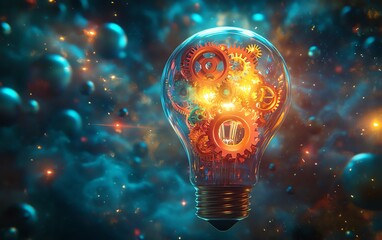 Aufkleber - A colorful light bulb filled with gears, representing innovation and creativity, set against a dreamy, mystical background of glowing orbs