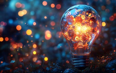 Aufkleber - A colorful light bulb filled with gears, representing innovation and creativity, set against a dreamy, mystical background of glowing orbs