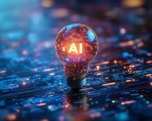 Aufkleber - A glowing light bulb with a microchip and the text AI illuminated, against a modern blue background, symbolizing cuttingedge technology and innovation