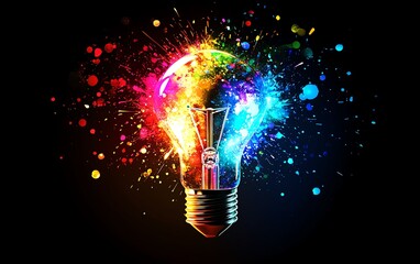 Aufkleber - A light bulb exploding with bright, colorful sparks and glowing shards, symbolizing a burst of creative energy and innovative ideas on a dark background