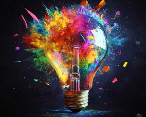 Aufkleber - A light bulb exploding with vibrant colors and pieces flying in all directions, symbolizing the sudden burst of innovation and creativity in a dark setting