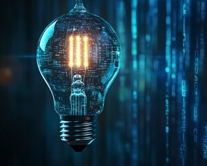 Aufkleber - A light bulb with a microchip and the glowing text AI, set against a blue digital background, representing advanced technology and innovation