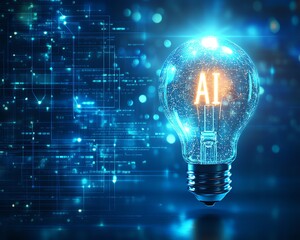 Aufkleber - A light bulb with a microchip and the glowing text AI, set against a blue digital background, representing advanced technology and innovation