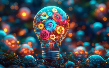 Poster - Colorful gears inside a glowing light bulb, symbolizing creative ideas and innovation, against a dreamy background filled with glowing orbs