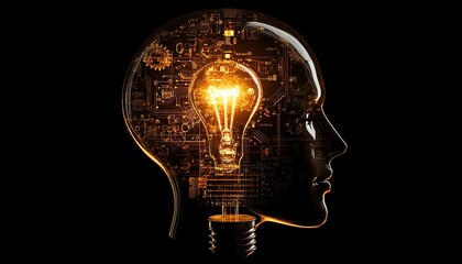 Aufkleber - Creative digital head with circuits and gears, light bulb above symbolizing new ideas and the merging of logic and creativity, glowing against a dark background