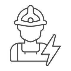 Poster - Electrician with helmet and lightning thin line icon, electrical service concept. Vector graphics. Handy man with flashlight sign on white background, outline style icon for mobile or web design.