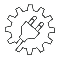 Poster - Cogwheel with fork plug and cord thin line icon, electrical service concept. Vector graphics. Fork on mechanic gear, repair sign on white background, outline style icon for mobile or web design.
